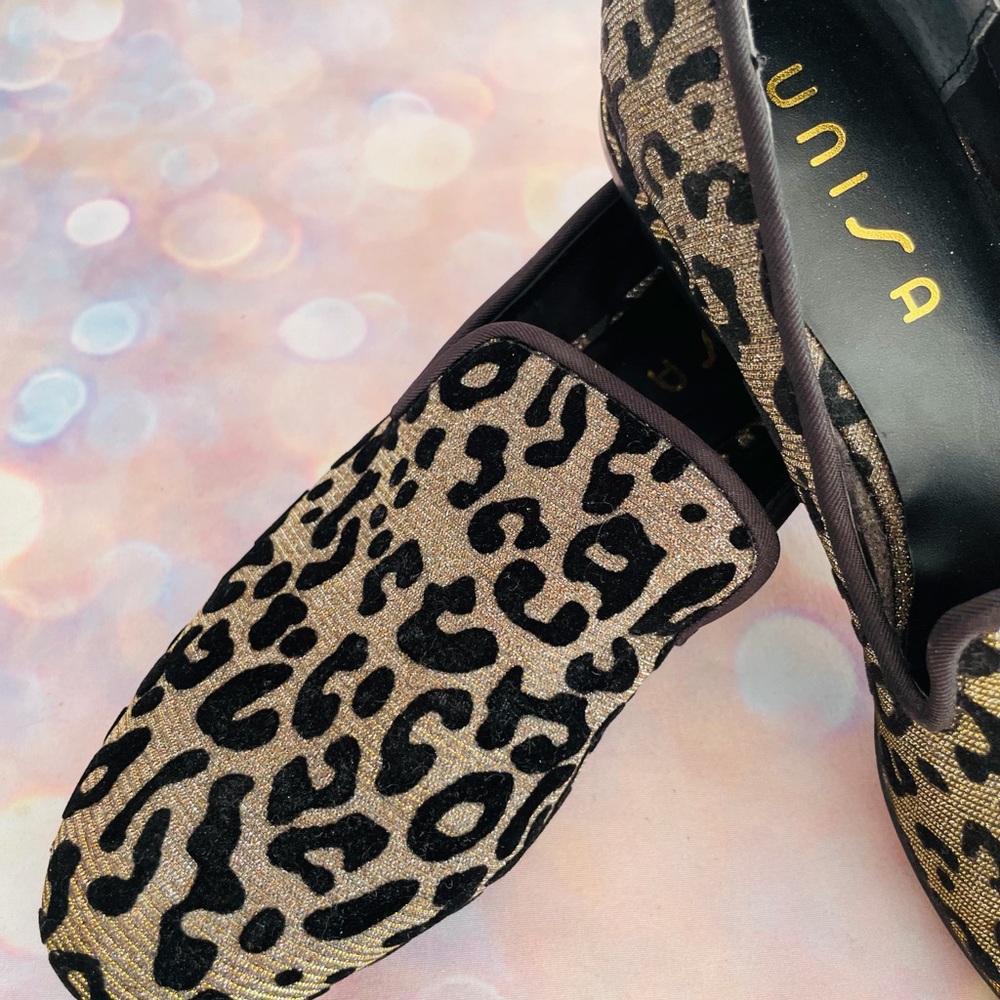 Unisa Leopard Print Loafers iridescent gold shimmer